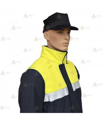 Cazadora softshell bicolor azul marino y amarillo flúor con cinta reflectante y membrana PU impermeable  para Policía Local