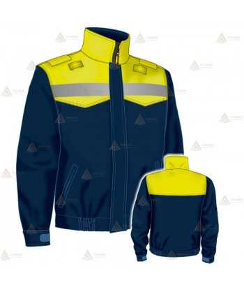 Cazadora softshell bicolor azul marino y amarillo flúor con cinta reflectante y membrana PU impermeable  para Policía Local