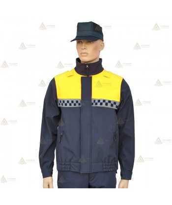 Cazadora softshell bicolor azul marino y amarillo flúor con damero reflectante y membrana PU impermeable  para Policía Local