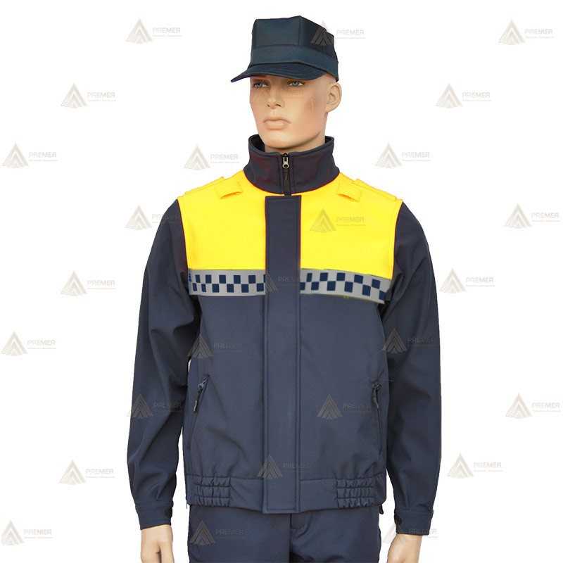Cazadora softshell bicolor azul marino y amarillo flúor con damero reflectante y membrana PU impermeable  para Policía Local