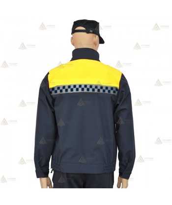 Cazadora softshell bicolor azul marino y amarillo flúor con damero reflectante y membrana PU impermeable  para Policía Local