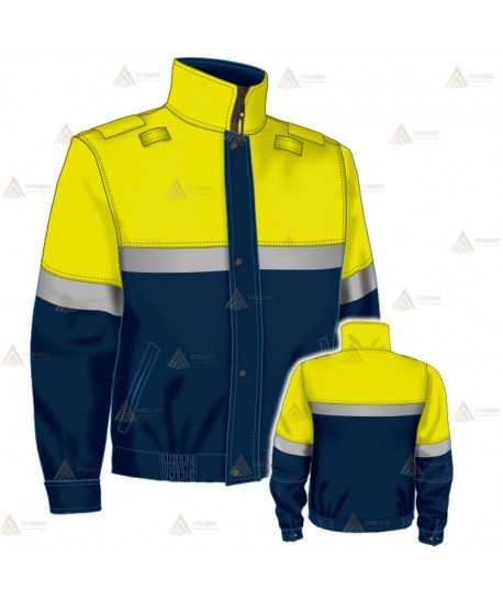 Cazadora softshell color azul marino y amarillo flúor con cinta reflectante y membrana PTFE para Policía Local