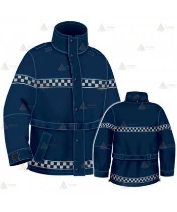 Parka 2/4 impermeable azul marino con damero reflectante y forro desmontable para motoristas de Policía Local