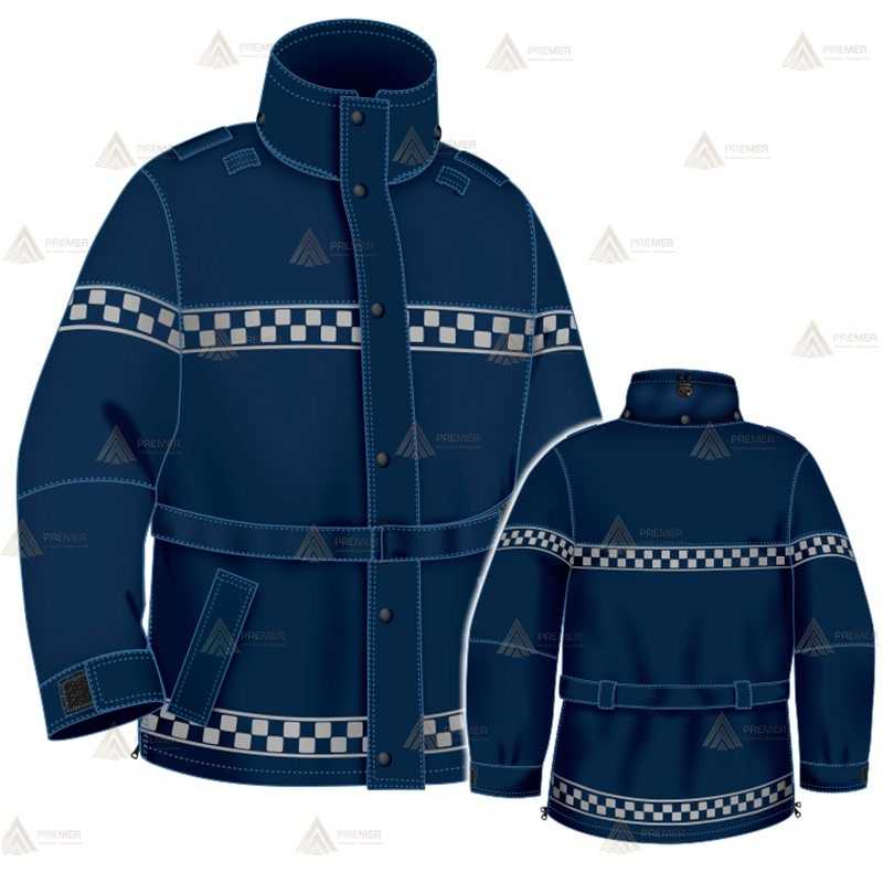 Parka 2/4 impermeable azul marino con damero reflectante y forro desmontable para motoristas de Policía Local