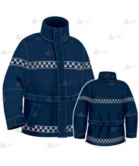 Parka 2/4 impermeable azul marino con damero reflectante y forro desmontable para motoristas de Policía Local