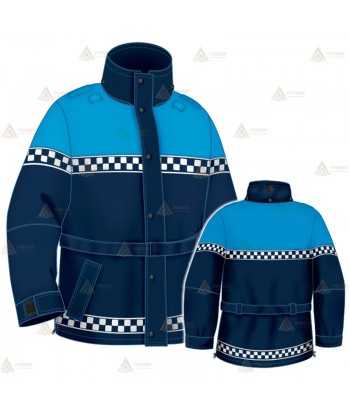 Parka 2/4 impermeable azul marino y azul tropical con damero reflectante y forro desmontable para motoristas de Policía Local