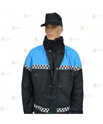 Parka 2/4 impermeable azul marino y azul tropical con damero reflectante y forro desmontable para motoristas de Policía Local