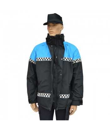 Parka 2/4 impermeable azul marino y azul tropical con damero reflectante y forro desmontable para motoristas de Policía Local