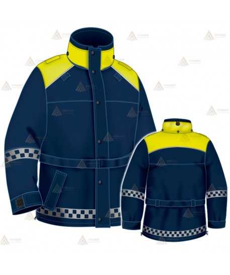 Parka 2/4 impermeable azul marino y amarillo flúor con forro desmontable para motoristas de Policía Local del País Vasco