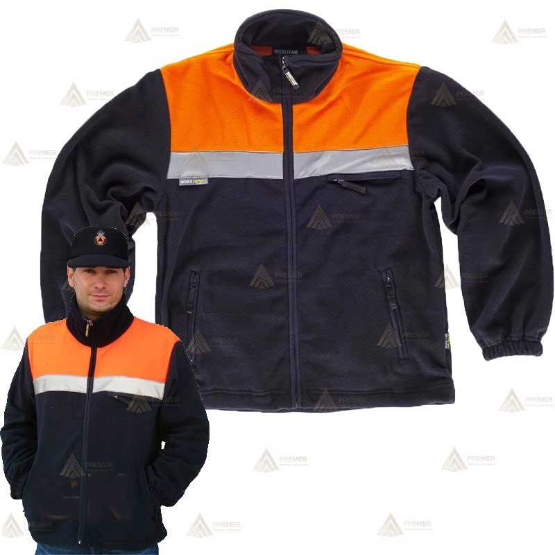 Chaqueta polar bicolor con cremallera y una cinta reflectante en color marino y naranja flúor para Protección Civil