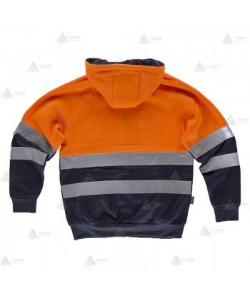 Sudadera alta visibilidad bicolor con cremallera y capucha color naranja flúor/marino para Protección Civil