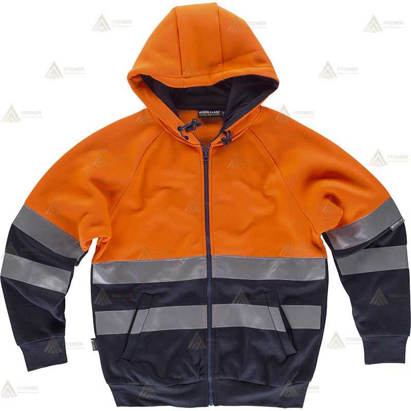 Sudadera alta visibilidad bicolor con cremallera y capucha color naranja flúor/marino para Protección Civil
