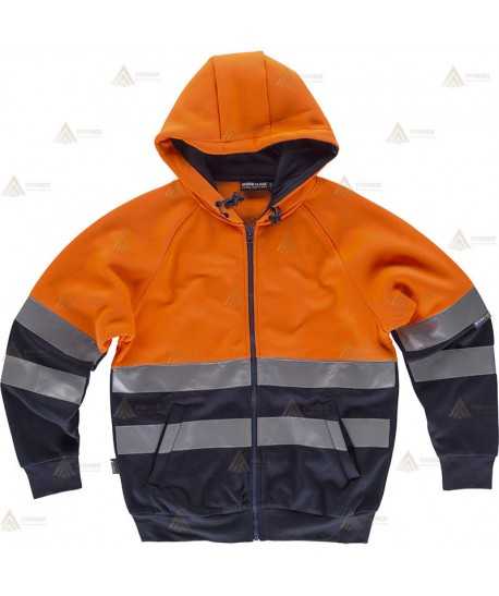 Sudadera alta visibilidad bicolor con cremallera y capucha color naranja flúor/marino para Protección Civil