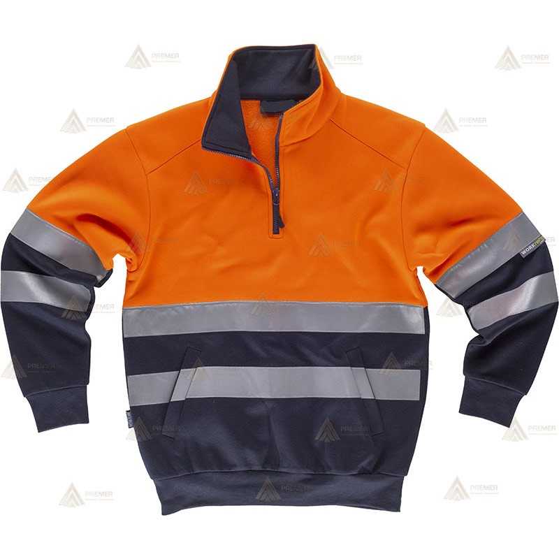 Sudadera bicolor de alta visibilidad con media cremallera color naranja flúor/marino para Protección Civil