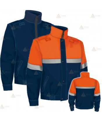 Cazadora softshell bicolor con membrana PTFE y cinta reflectante color plata para Protección Civil. reversible a color marino