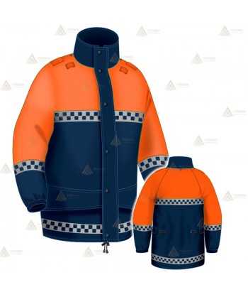 Chaqueta impermeable y transpirable con membrana PTFE y cintas reflectantes tipo damero para Protección Civil