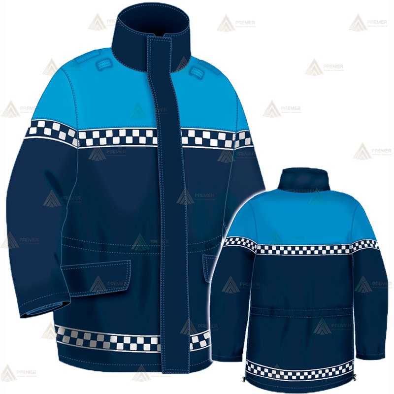 Parka ligera color azul marino azul tropical,  impermeable con cinta damero reflectante blanco y membrana PU para Policía Local
