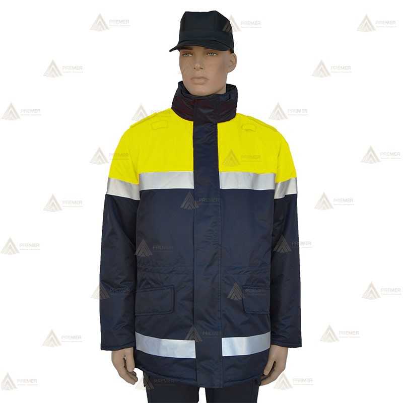 Parka ligera color azul marino y amarillo flúor,  con cinta reflectante y membrana impermeable PU para Policía Local