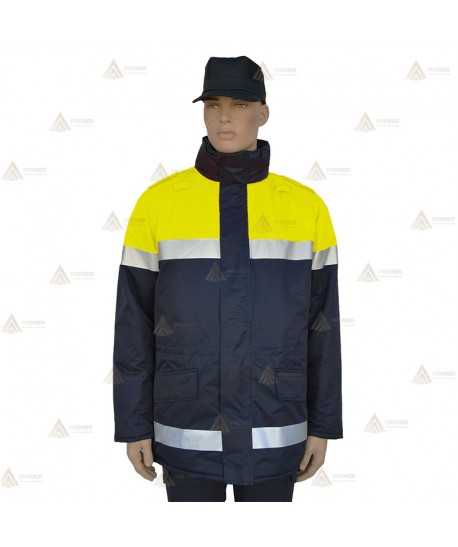 Parka ligera color azul marino y amarillo flúor,  con cinta reflectante y membrana impermeable PU para Policía Local