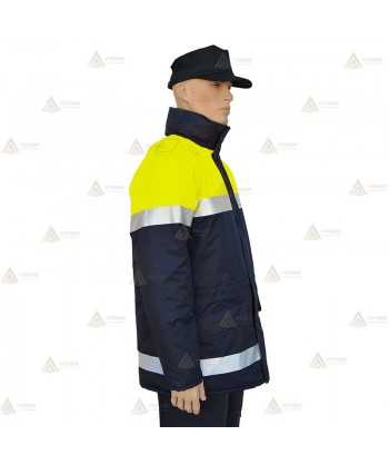 Parka ligera color azul marino y amarillo flúor,  con cinta reflectante y membrana impermeable PU para Policía Local