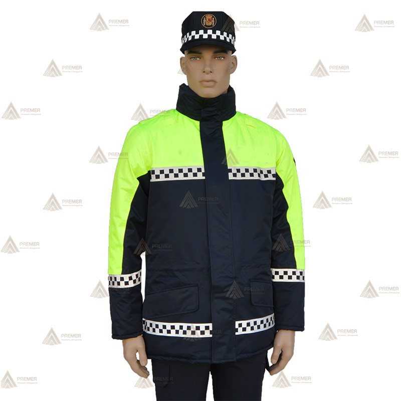 Parka ligera color azul marino y amarillo flúor, con damero reflectante y membrana impermeable PU para Policía Local