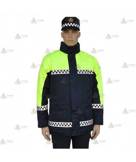 Parka ligera color azul marino y amarillo flúor, con damero reflectante y membrana impermeable PU para Policía Local