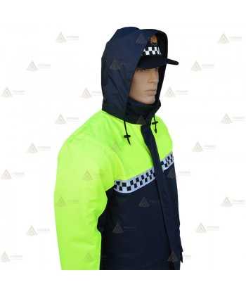 Parka ligera color azul marino y amarillo flúor, con damero reflectante y membrana impermeable PU para Policía Local
