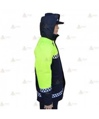 Parka ligera color azul marino y amarillo flúor, con damero reflectante y membrana impermeable PU para Policía Local