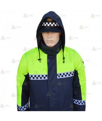 Parka ligera color azul marino y amarillo flúor, con damero reflectante y membrana impermeable PU para Policía Local