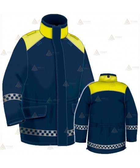 Parka ligera color azul marino y amarillo flúor, con damero reflectante y membrana impermeable PU para Policía Local