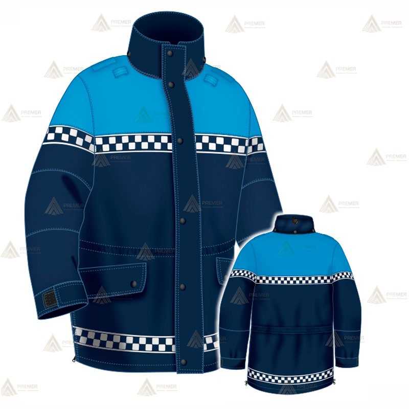 Parka azul marino y azul tropical con damero reflectante color blanco, forro desmontable y membrana PTFE para Policía Local
