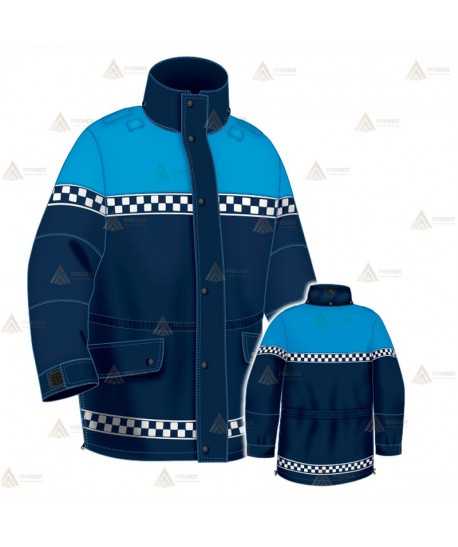 Parka azul marino y azul tropical con damero reflectante color blanco, forro desmontable y membrana PTFE para Policía Local