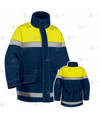 Parka azul marino y amarillo flúor con cinta reflectante, forro desmontable y membrana impermeable PTFE para Policía Local