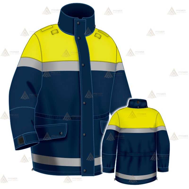 Parka azul marino y amarillo flúor con cinta reflectante, forro desmontable y membrana impermeable PTFE para Policía Local