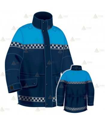Parka azul marino y azul tropical con damero reflectante color plata, forro desmontable y membrana PTFE para Policía Local