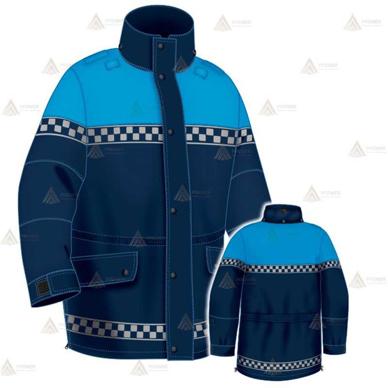 Parka azul marino y azul tropical con damero reflectante color plata, forro desmontable y membrana PTFE para Policía Local