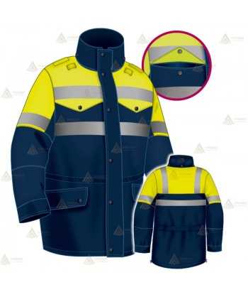 Parka azul marino y amarillo flúor con cinta reflectante, forro desmontable y membrana impermeable PTFE para Policía Local