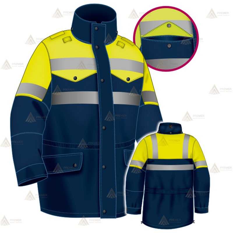 Parka azul marino y amarillo flúor con cinta reflectante, forro desmontable y membrana impermeable PTFE para Policía Local