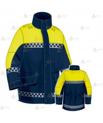 Parka azul marino y amarillo flúor con damero, forro desmontable y membrana impermeable PTFE para Policía Local