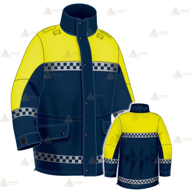 Parka azul marino y amarillo flúor con damero, forro desmontable y membrana impermeable PTFE para Policía Local