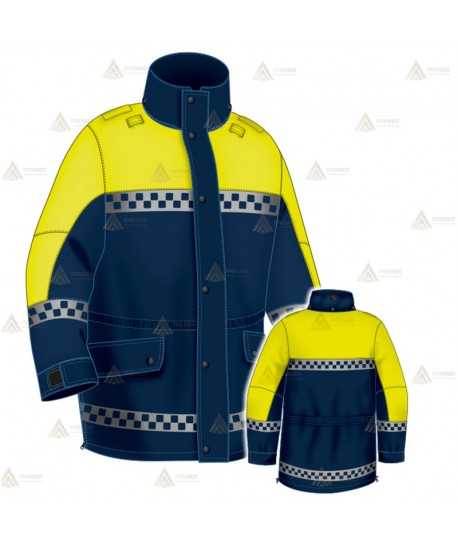 Parka azul marino y amarillo flúor con damero, forro desmontable y membrana impermeable PTFE para Policía Local