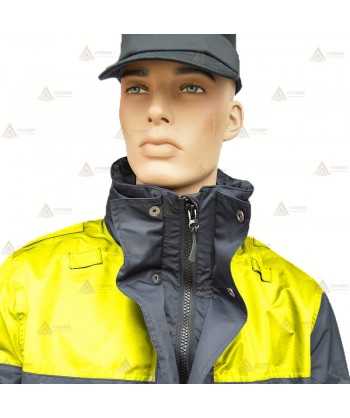 Parka azul marino y amarillo flúor con damero reflectante, forro desmontable y membrana impermeable PTFE para Policía Local