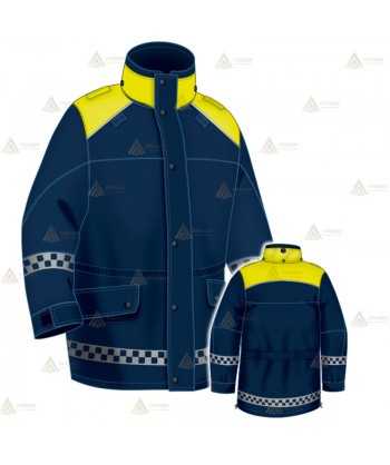 Parka azul marino y amarillo flúor con damero reflectante, forro desmontable y membrana impermeable PTFE para Policía Local