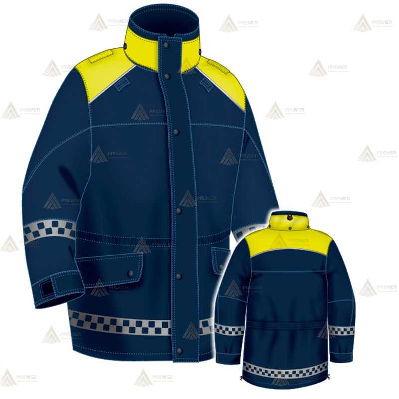 Parka azul marino y amarillo flúor con damero reflectante, forro desmontable y membrana impermeable PTFE para Policía Local