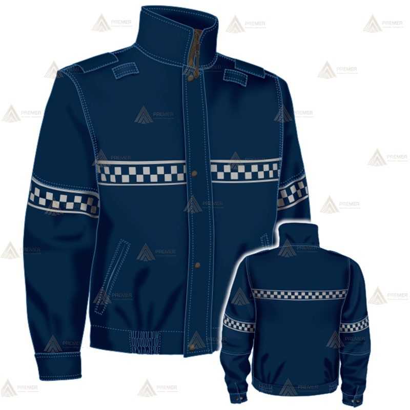 Cazadora softshell color azul marino orión con damero reflectante y membrana PTFE para motoristas de Policía Local