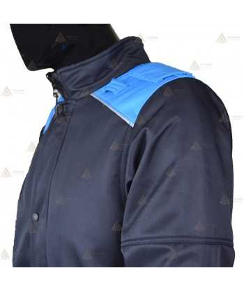 Cazadora softshell color azul marino y azul tropical con membrana PTFE para motoristas de Policía Local