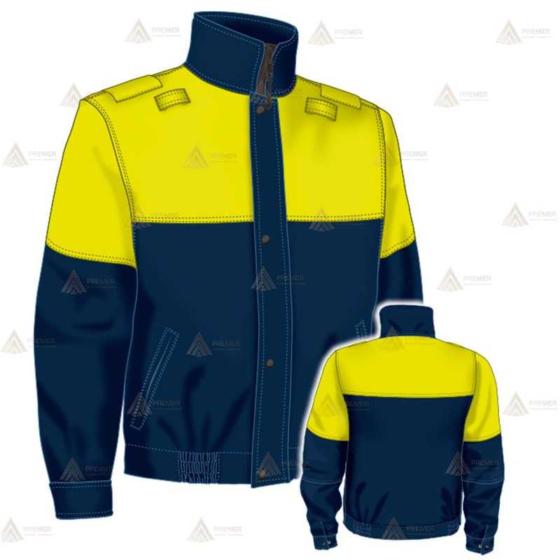 Cazadora softshell de motorista color azul marino y amarillo flúor con membrana PTFE para Policía Local