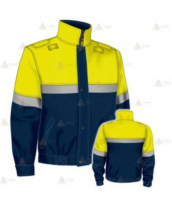 Cazadora softshell de motoristas color azul marino y amarillo flúor con cinta reflectante y membrana PTFE para Policía Local