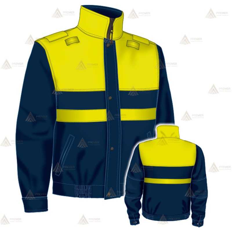 Cazadora softshell motoristas color azul marino y amarillo flúor con cinta reflectante y membrana PTFE para Policía Local