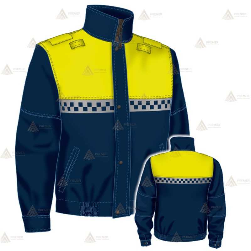 Cazadora softshell para motoristas color azul marino y amarillo flúor con damero reflectante y membrana PTFE para Policía Local